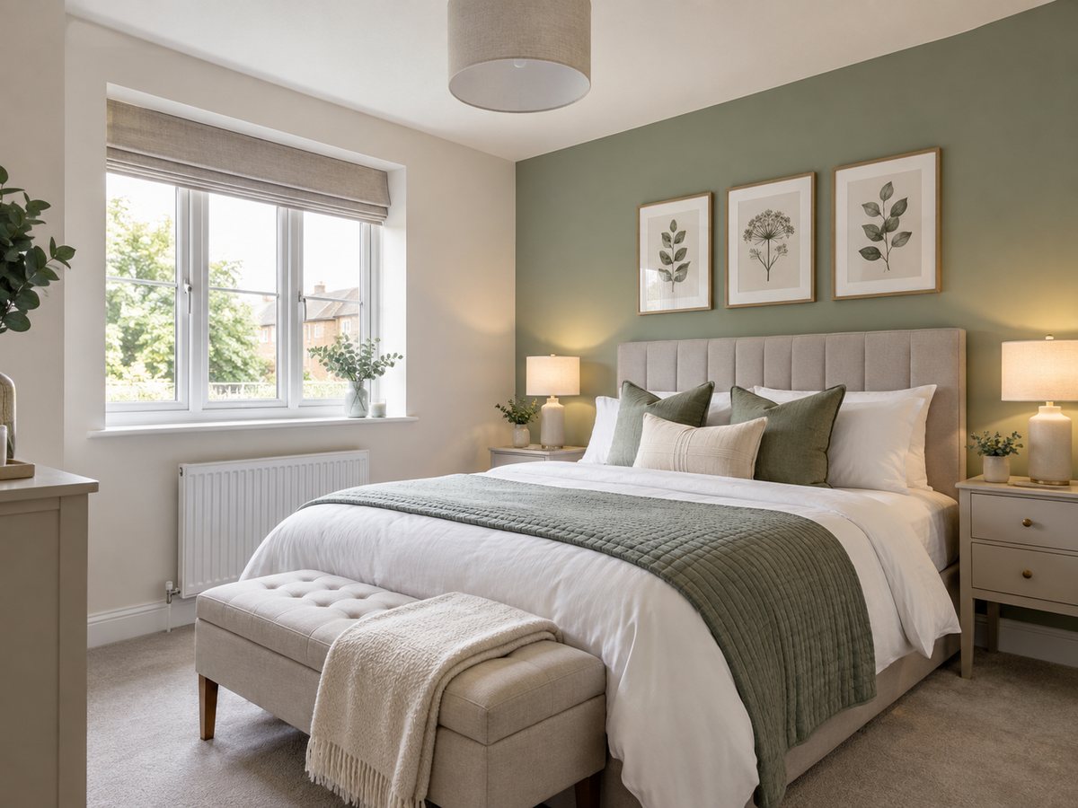 Freshly painted bedroom with dark blue feature wall