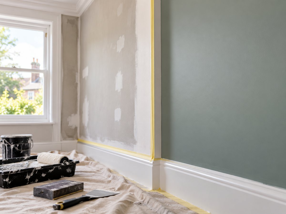 Paint roller applying fresh paint to prepared wall